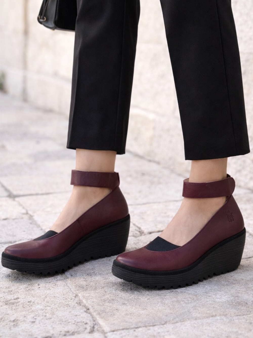 Fly London Burgundy Ankle-Strap Wedge Shoes